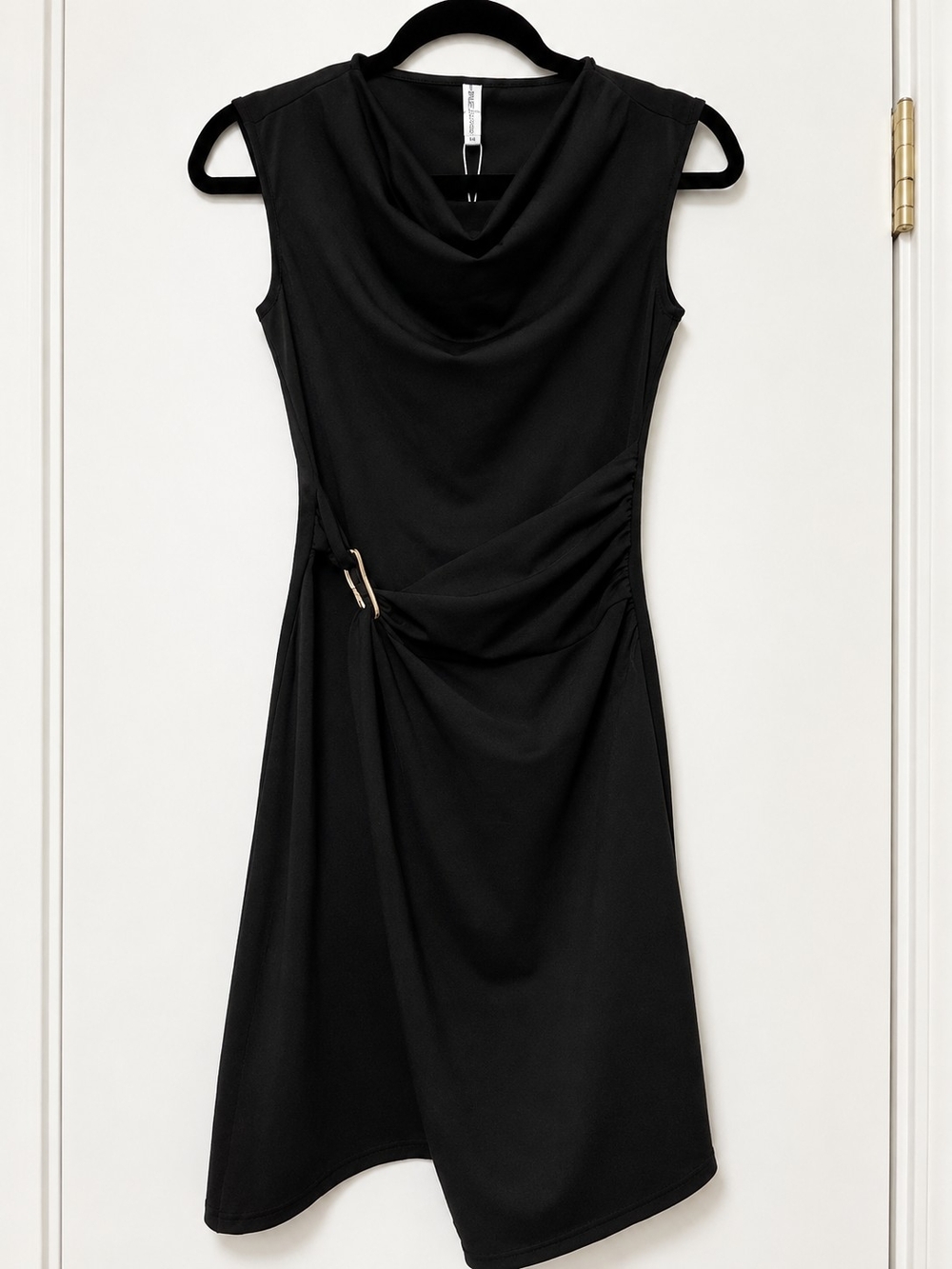 Black Draped Sleeveless Dress with Side Buckle